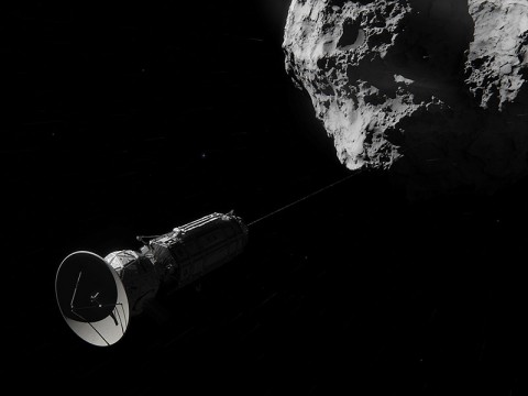This artist concept shows Comet Hitchhiker, an idea for traveling between asteroids and comets using a harpoon and tether system. (NASA/JPL-Caltech/Cornelius Dammrich)