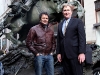 Douwe Blumberg, the artist and sculptor of the De Oppresso Liber statue, and Mr. Doug Stanton, author of the book Horse Soldiers, stand in front of the 18-foot bronze statue prior to the start of the New York City Veterans Day Parade, Nov. 11th, 2011. (Photo courtesy of Spec. Kerry Otjen)