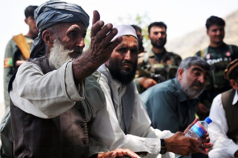 Village elders participate in a district Shura in the village of Daradam in eastern Afghanistan’s Kunar province immediately following Operation Strong Eagle II July 19th.  (Photo by U.S. Army Spc. Albert L. Kelley, 300th Mobile Public Affairs Detachment)
