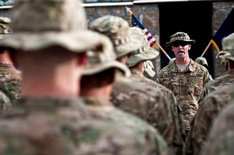 U.S. Army 1st Sgt. Curtis S. Ballance, from Kinmundy, Ill., assigned to Abu Company, 1st Battalion, 327th Infantry Regiment (Task Force Bulldog), 1st Brigade Combat Team, 101st Airborne Division, gives the final roll call for his six fallen Soldiers during a memorial service at Combat Outpost Honikker Miracle in eastern Afghanistan’s Kunar Province Nov. 21st. (Photo by U.S. Army Staff Sgt. Mark Burrell, Task Force Bastogne Public Affairs)