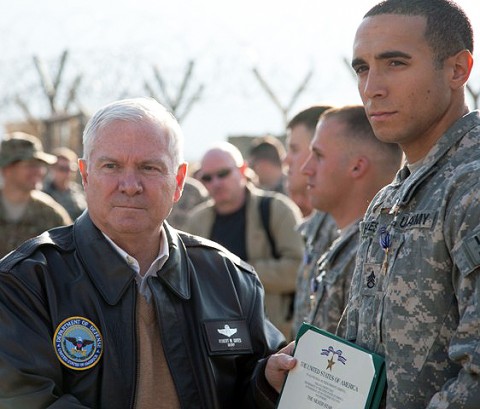 U.S. Army Staff Sgt. Daniel J. Hayes of Wyoming, MI, 2nd Battalion, 327th Infantry Regiment, 1st Brigade Combat Team, 101st Airborne Division, is awarded the Silver Star Medal by the Secretary of Defense Robert Gates at Forward Operating Base Joyce Dec. 7th. Hayes was awarded the Silver Star for valorous actions against armed and heavily fortified enemies during Operation Strong Eagle. (Photo by U.S. Army Spc. Andy Barrera/Released)