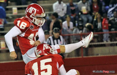 Stansell kicking the game winning field goal. APSU Football. (Courtesy: Mateen Sidiq/Austin Peay)