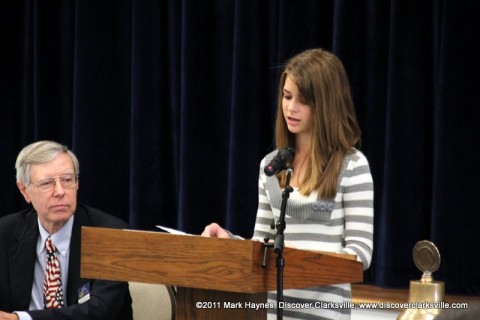 Grace Hinson reads a part of her essay at the “Interview A Veteran” Essay Contest Winners program Tuesday, November 8th 2011.