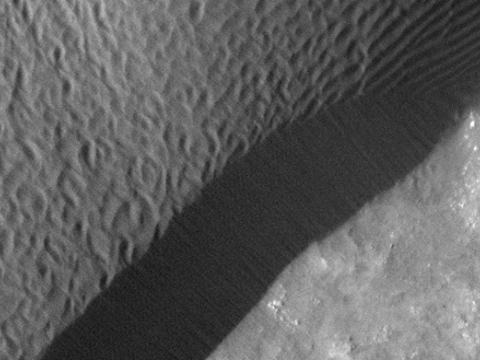 A rippled dune front in Herschel Crater on Mars moved an average of about one meter (about one yard) between March 3rd, 2007 and December 1st, 2010. (Image credit: NASA/JPL-Caltech/Univ. of Ariz./JHUAPL)