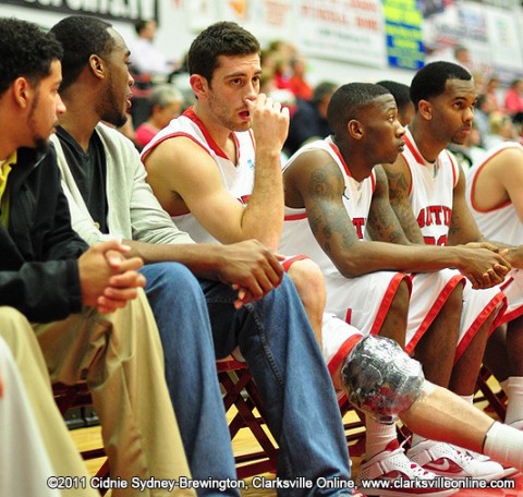 Anthony Campbell with an ice pack on his knee that he injured during the Monday night game against Arkansas State. Austin Peay Basketball.