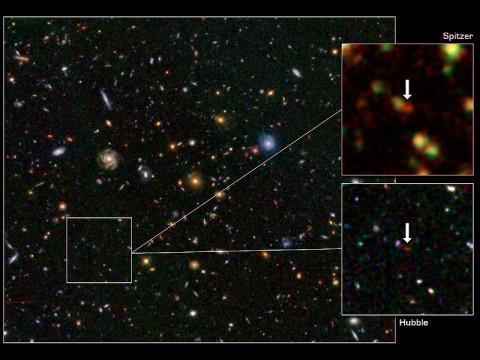 This image shows one of the most distant galaxies known, called GN-108036, dating back to 750 million years after the Big Bang that created our universe. (Image credit: NASA/JPL-Caltech/STScI/University of Tokyo)