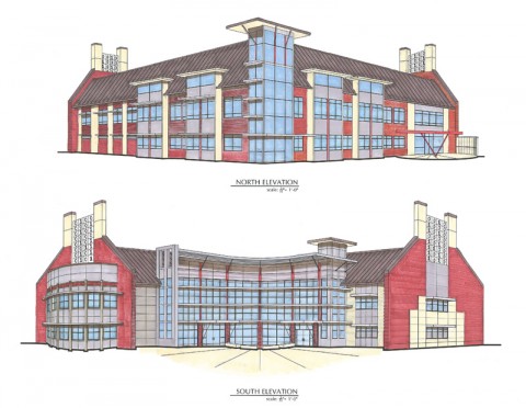 This architect rendering from Rufus Johnson Associates in Clarksville shows the front and back of the new mathematics and computer science building to be built at Austin Peay State University, with construction beginning in Fall 2012. (Image by Rufus Johnson Associates)