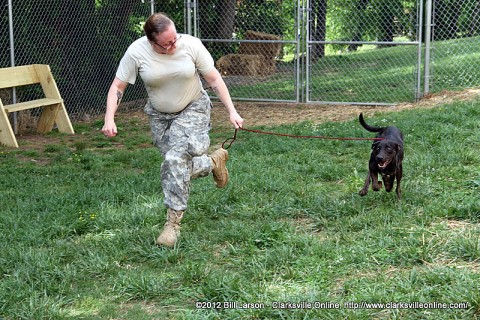 A soldier from the Warrior Transition Unit exercises one of the animals currently in custody at the Montgomery County Animal Control Facility