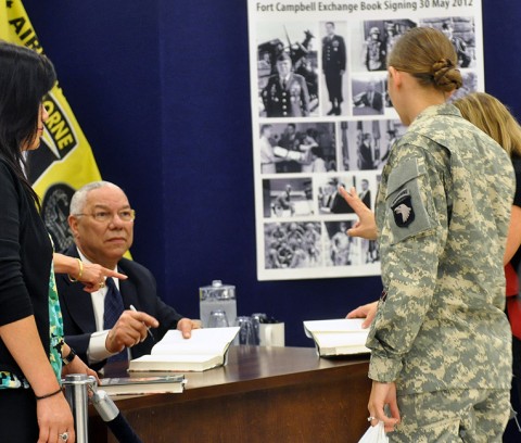 Colin Powell signs a copy of his new book, "It Worked for Me: In Life and Leadership," at Fort Campbell's Post Exchange Wednesday afternoon. Powell, who once served as 2nd Brigade commander for the 101st Airborne Division in 1976, revisited the installation on the Kentucky-Tennessee state line as a part of his book tour. (U.S. Army photo by Megan Locke Simpson, Fort Campbell Courier)