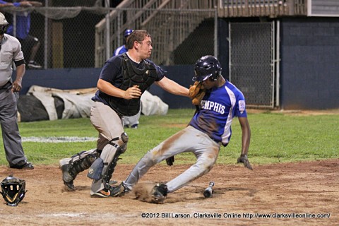 Runner tagged out at the plate during Memphis' 7th inning rally.