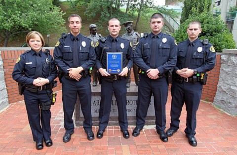 (L–R) Lacey Kitarogers, Anthony Murphy, Dustin Reynolds (Outstanding Officer) Gary Mefford, and Thomas Biele. (Photo Jim Knoll-CPD)