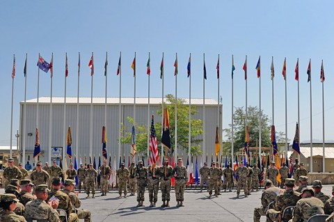 The Task Destiny and Task Force Pegasus combined color guard along with the battalion colors of the units under TF Destiny represent their units and the U.S. during a transfer of authority ceremony held at CJTF-1 headquarters on Bagram Air Field, Afghanistan, September 18th, 2012. (Photo by Sgt. Duncan Brennan)