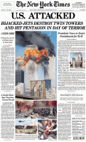 The front page of the New York Times reporting the attacks of 9/11/2001