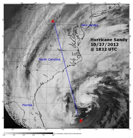 NASA CloudSat image (top) of Hurricane Sandy as it moved up the U.S. East Coast on Oct. 27th and crossed over the warm waters of the Gulf Stream. The image shows a 3-D cross-section of the storm over the path traveled, from point A to point B. Red and purple areas indicate the largest amounts of cloud water or precipitation. The black-and-white image below, from NASA's Moderate Resolution Imaging Spectroradiometer (MODIS) instrument on NASA's Aqua spacecraft, shows an aerial perspective of the storm and the CloudSat overpass. (Image Credit: NASA/JPL-Caltech)