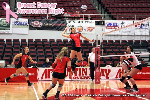 peay austin volleyball apsu tuesday game also awareness breast cancer night