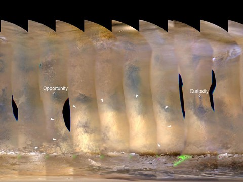 This nearly global mosaic of observations made by the Mars Color Imager on NASA's Mars Reconnaissance Orbiter on Nov. 18, 2012, shows a dust storm in Mars' southern hemisphere. Small white arrows outline the area where dust from the storm is apparent in the atmosphere. (Image Credit: NASA/JPL-Caltech/MSSS)