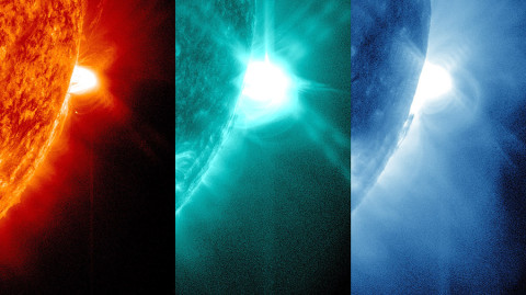 On July 19th, 2012, SDO captured images of a solar flare in numerous wavelengths. The 131 Angstrom wavelength, shown here in the middle and colorized in teal, portrays particularly hot material on the sun, at 10 million Kelvin, which is why the incredibly hot flare shows up best in that wavelength. The 131 wavelength was also able to show kinked magnetic fields known as a flux rope that lay at the heart of a coronal mass ejection (CME), which also erupted at the same time as the flare. (Credit: NASA/Goddard Space Flight Center)