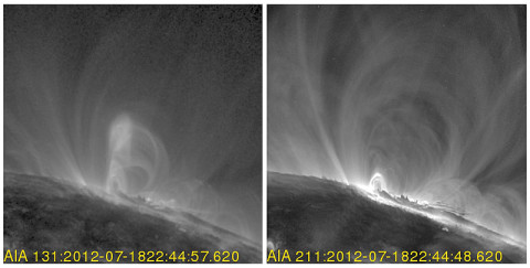 By looking at the very hottest material in the sun's atmosphere (on the left) scientists could observe the tell tale signs of the twisted magnetic fields of a flux rope – which lay at the heart of coronal mass ejections (CMEs). The flux rope doesn't show up in a nearly simultaneous image of cooler material (on the right). These images were captured by NASA's Solar Dynamics Observatory on July 19, 2012. (Credit: NASA/SDO)