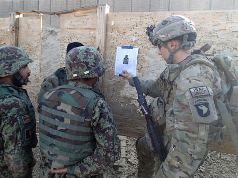 1st Lt. Kyle Harnitchek of Archangel Security Force Advisory and Assistance Team, 1st Brigade Combat Team, 101st Airborne Division, explains how to teach junior Afghan National Army soldiers the proper way to zero the sights on an M16 rifle to noncommissioned officers from 2nd Kandak, 4th Brigade, 201st Corps. (Sgt. Connor Quinn/U.S. Army)
