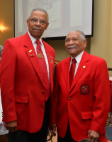 Donald Elder, left, was guest speaker at the 8th Military Information Support Group (Airborne) Equal Opportunity office hosting the first MISOC led African American Heritage Observance at the Fort Bragg Club. Joining Elder is Reverend James Jones. Elder and Jones  were members of the famed Tuskegee Airmen squadron . (Photo by Jerry Green/USASOC Public Affairs)