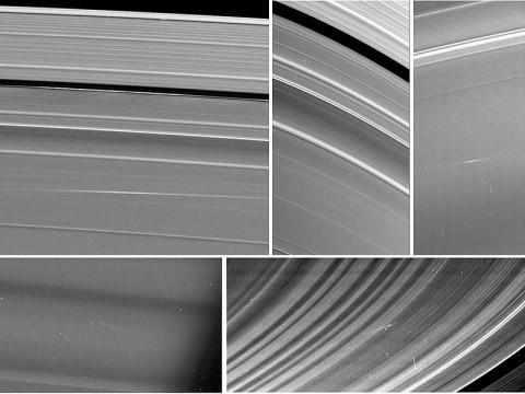 Five images of Saturn's rings, taken by NASA's Cassini spacecraft between 2009 and 2012, show clouds of material ejected from impacts of small objects into the rings. (Image Credit: NASA/JPL-Caltech/Space Science Institute/Cornell)