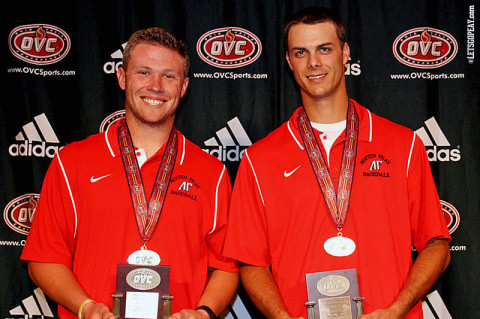 Junior Craig Massoni (left) and senior Tyler Rogers were named the OVC's Player and Pitcher of the Year, respectively, at the OVC Baseball Awards Banquet, Tuesday. (Courtesy: Austin Peay Sports Information)