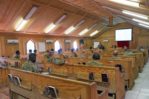 U.S. Army Sgt. Robert Ramos, chaplain assistant with the 4th Brigade Combat Team, 101st Airborne Division (Air Assault), gives a block of instruction during an Applied Suicide Intervention Skills Training course held on Forward Operating Base Salerno, Afghanistan, July 29. (U.S. Army photo by Sgt. Justin A. Moeller, 4th Brigade Combat Team Public Affairs)