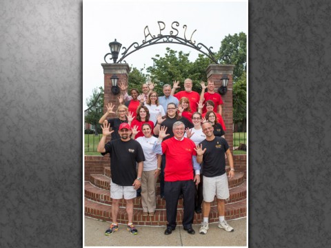 APSU President Tim Hall (center) joins members of APSU’s Phi Alpha Theta History Honor Society in celebrating the club’s fifth “Best Chapter of the Year” award. (Photo by Beth Liggett/APSU)