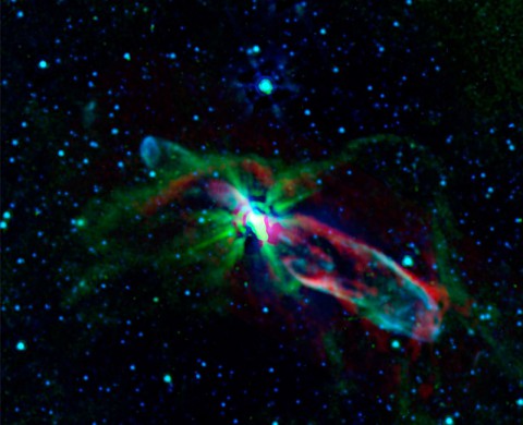 Combined observations from NASA's Spitzer Space Telescope and the newly completed Atacama Large Millimeter/submillimeter Array (ALMA) in Chile have revealed the throes of stellar birth, as never before, in the well-studied object known as HH 46/47. (NASA/JPL-Caltech/ALMA)