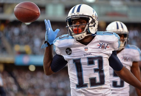 Tennessee Titans receiver Kendall Wright (13) celebrates after scoring on a 10-yard touchdown reception with 10 seconds left against the Oakland Raiders at O.co Coliseum. The Titans defeated the Raiders 23-19. (Kirby Lee-USA TODAY Sports)