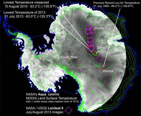 With remote-sensing satellites, scientists have found the coldest places on Earth, just off a ridge in the East Antarctic Plateau. The coldest of the cold temperatures dropped to minus 135.8 F (minus 93.2 C) -- several degrees colder than the previous record. (Ted Scambos, National Snow and Ice Data Center)