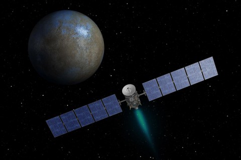 This artist's concept shows NASA's Dawn spacecraft heading toward the dwarf planet Ceres. (NASA/JPL-Caltech)