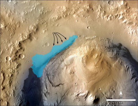 This illustration depicts a concept for the possible extent of an ancient lake inside Gale Crater. (NASA/JPL-Caltech/MSSS)