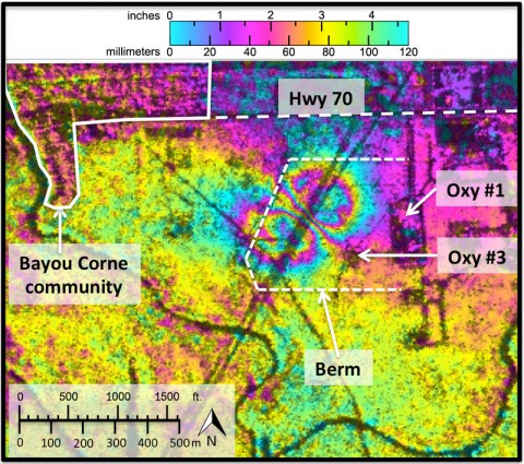 NASA's UAVSAR radar captured precursory ground surface movement of up to 10.2 inches (260 millimeters) at least one month before a large sinkhole formed near Bayou Corne, La., in Aug. 2012. This interferogram was formed with images acquired on June 23, 2011 and July 2, 2012. Colors represent surface movement, with one full color wrap corresponding to 4.7 inches (120 millimeters) of displacement. (NASA/JPL-Caltech)