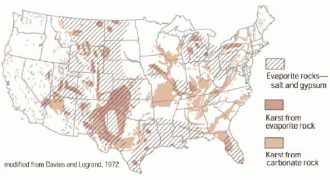 Sinkholes are common hazards worldwide and are found in all regions of the United States. This map shows parts of the United States where certain rock types are susceptible to dissolving in water, leading to the formation of underground cavities that can result in sinkholes. (U.S. Geological Survey)