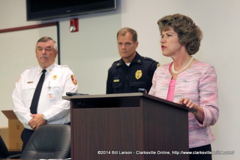Clarksville Mayor Kim McMillan gives her remarks at the announcement of Clarksville Tennessee's new public safety radio system