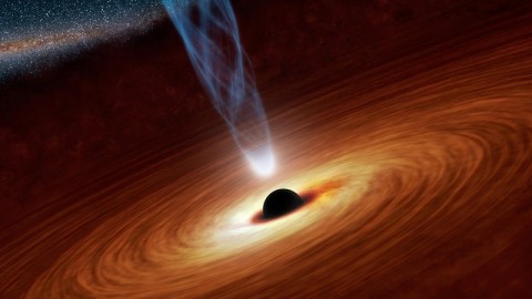 The regions around supermassive black holes shine brightly in X-rays. Some of this radiation comes from a surrounding disk, and most comes from the corona, pictured here in this artist's concept as the white light at the base of a jet. This is one possible configuration for a corona -- its actual shape is unclear. (NASA/JPL-Caltech)