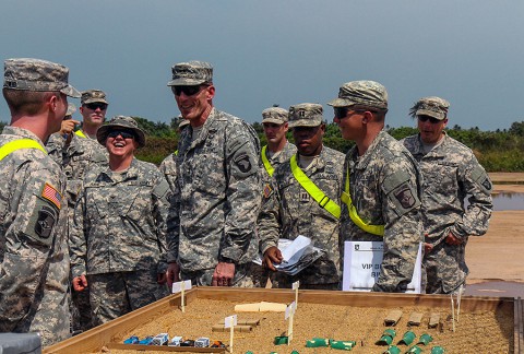 Maj. Gen. Gary Volesky, center, commander of Joint Forces Command – United Assistance and the 101st Airborne Division (Air Assault), surveys a sand table of Camp Buchanan, Liberia, while visiting Soldiers of the 129th Combat Sustainment Support Battalion, Jan. 23, 2015, Buchanan, Liberia. Soldiers of the 129th CSS Battalion help operate the USDA inspection point, ensuring all vehicles and equipment headed back to the U.S. meet customs standards. (Spc. Caitlyn Byrne, 27th Public Affairs Detachment)