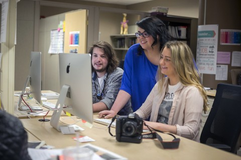 Sean McCully, left, Jennifer Smith, and Taylor Slifko work on an edition of The All State in the Student Publications office on Monday, April 13th, 2015. (Beth Liggett, APSU)