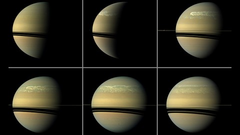 This series of images from NASA's Cassini spacecraft shows the development of a huge storm of the type that erupts about every 30 years on Saturn. (NASA/JPL-Caltech/SSI)