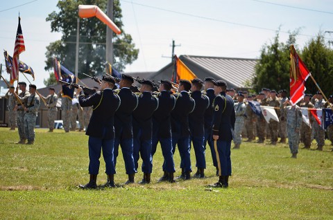 An honor guard rifle detail fires a 21-gun salute in honor of Spc. Matthew Walker during a wreath laying at the 2nd Brigade Combat Team, 101st Airborne Division’s memorial rededication ceremony at Fort Campbell, Ky., July 30, 2015. Walker was the only Soldier killed in action during Strike’s 2014 Operation Enduring Freedom deployment to Afghanistan. (Staff Sgt. Sierra A. Fown, 2nd Brigade Combat Team, 101st Airborne Division Public Affairs)