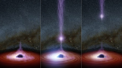 This diagram shows how a shifting feature, called a corona, can create a flare of X-rays around a black hole. (NASA/JPL-Caltech)