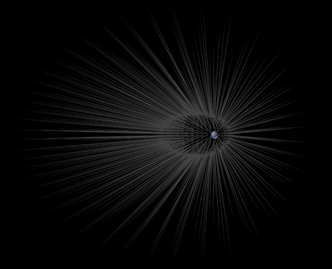 This illustration shows Earth surrounded by theoretical filaments of dark matter called "hairs." (NASA/JPL-Caltech)