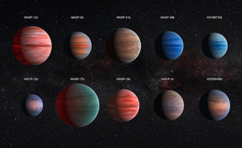 This image shows an artist's impression of the 10 hot Jupiter exoplanets studied using the Hubble and Spitzer space telescopes. (NASA/ESA)