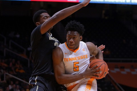 Tennessee Volunteers forward Admiral Schofield (5) moves the ball against Vanderbilt Commodores center Damian Jones (30) during the second half at Thompson-Boling Arena. Vanderbilt won 88 to 74. (Randy Sartin-USA TODAY Sports)