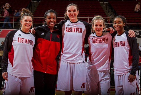 Austin Peay Senior Day, (L to R) Shelby Olszewski, Jennifer Nwokocha, Lauren Maki, Symantha Norton and Tiasha Gray. (APSU Sports Information)