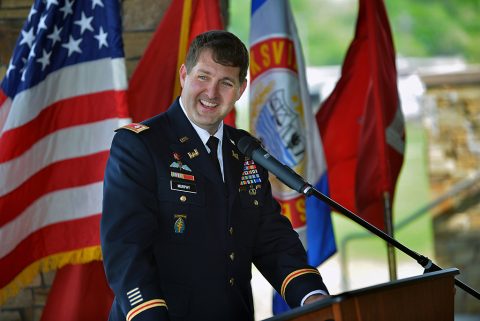 Lt. Col. Stephen Murphy, U.S. Army Corps of Engineers Nashville District commander, speaks to the crowd at the Riverside Drive Stream Bank Stabilization completion ceremony April 26, 2016 Freedom Point. (Mark Rankin, U.S. Army Corps of Engineers, Nashville District)