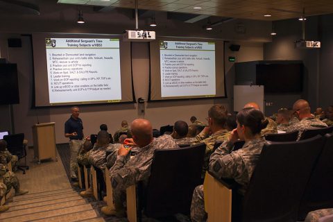 Charles W. Fitzpatrick, plans and operations chief for the Kinnard Training Complex on Fort Campbell, Ky., discusses the capabilities of the KMTC with the senior noncommissioned officers of the 101st Airborne Division Sustainment Brigade, 101st Airborne Division (Air Assault), on June 15, 2016. (Sgt. Neysa Canfield)