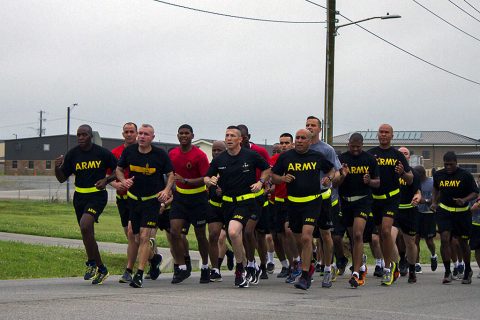 Command Sgt. Maj. Frank Graham, Command Sgt. Maj. Gabriel Espinosa, Command Sgt. Maj. Michael Perry, and Command Sgt. Maj. Roger Rendon, lead the formation of senior noncommissioned officers of the 101st Airborne Division Sustainment Brigade, 101st Airborne Division (Air Assault), as get conduct a four-mile run for backbone day on Fort Campbell, Ky., June 15, 2016. (Sgt. Neysa Canfield)