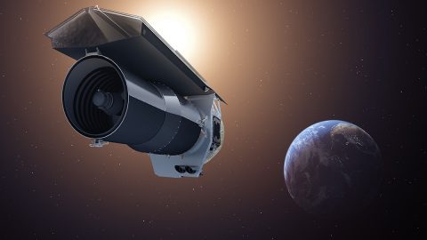 This artist's concept shows NASA's Spitzer Space Telescope. Spitzer begins its "Beyond" mission phase on Oct. 1, 2016. The spacecraft is depicted in the orientation it assumes to establish communications with ground stations. (NASA/JPL-Caltech)